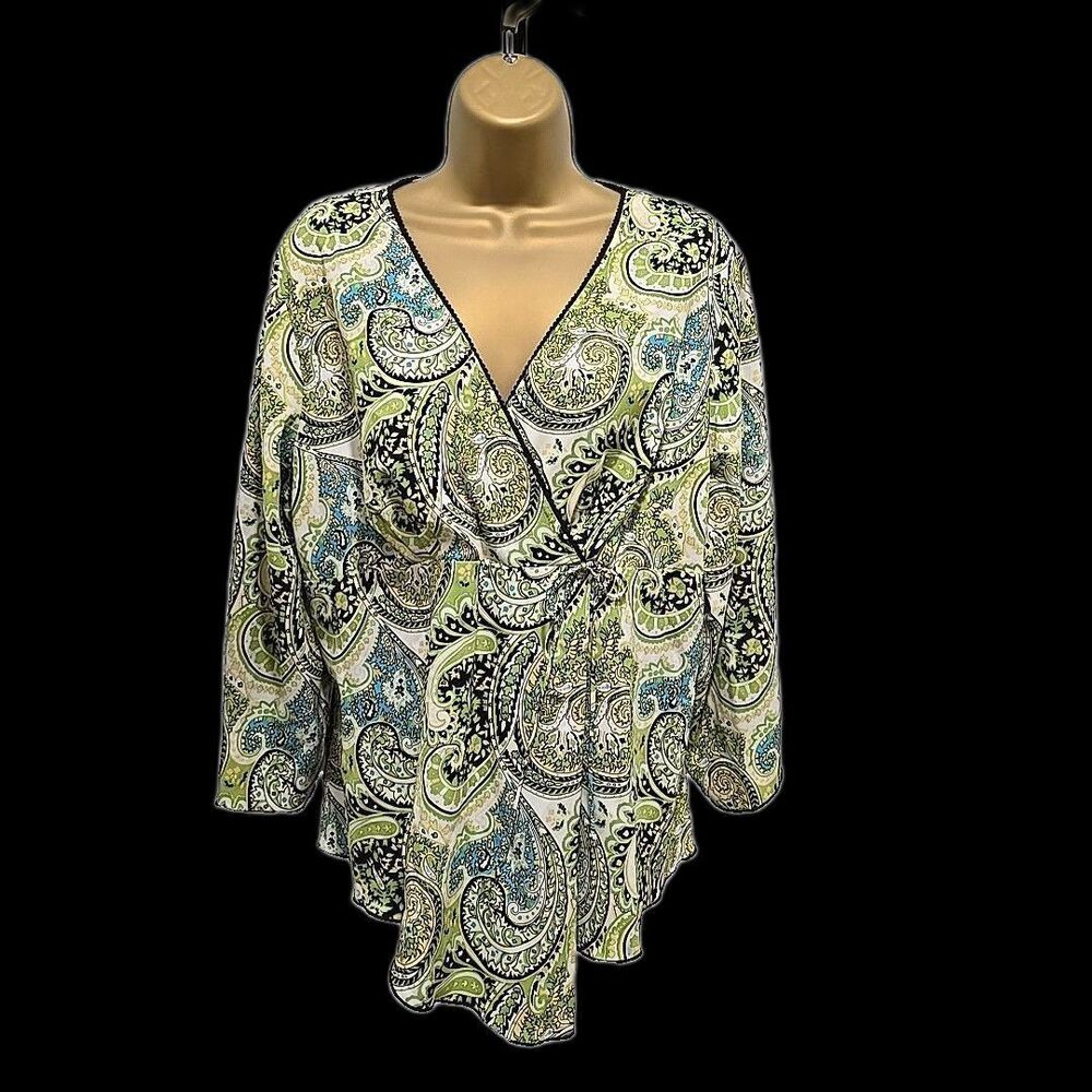 Green Brown Paisley Empire Faux Wrap Top Sz XL Forest Fairy Goblin Office Career